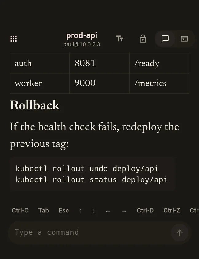 Rendered Markdown showing a heading, an aligned table, and a shell code block.