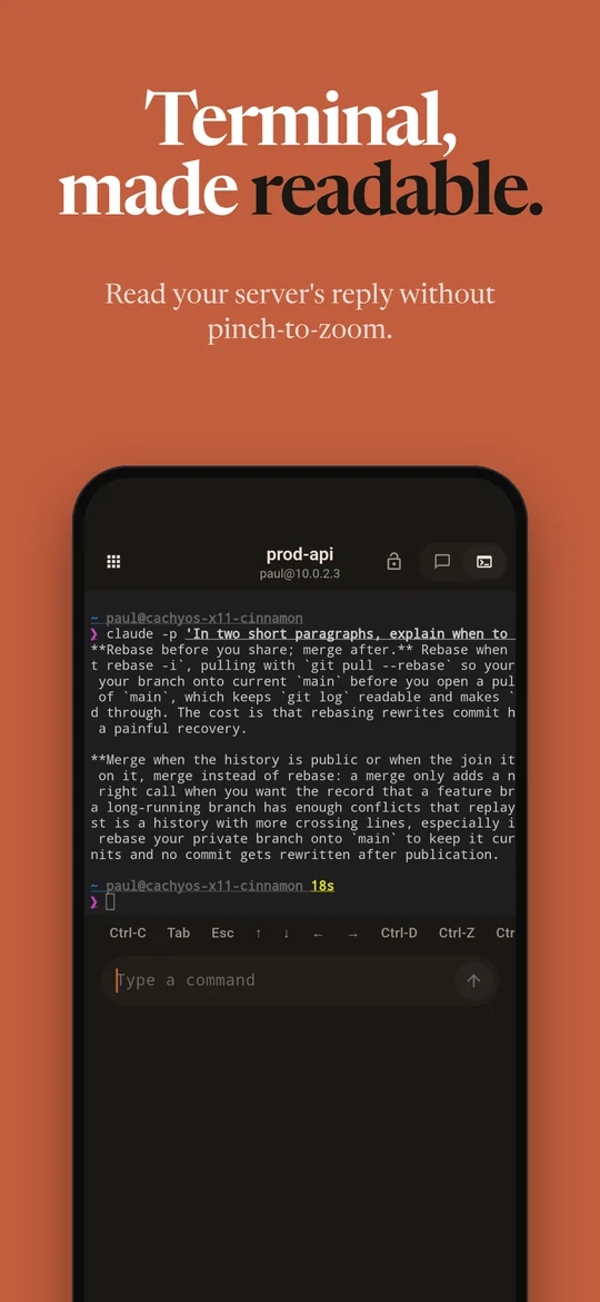 Terminal, made readable. Read your server's reply without pinch-to-zoom.