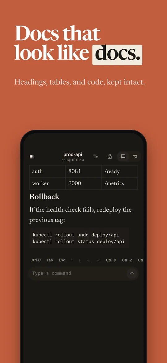 Docs that look like docs. Headings, tables, and code, kept intact.